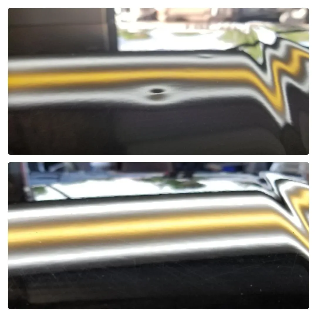 Before and after close-up of a sharp dent removed from a body line with PDR