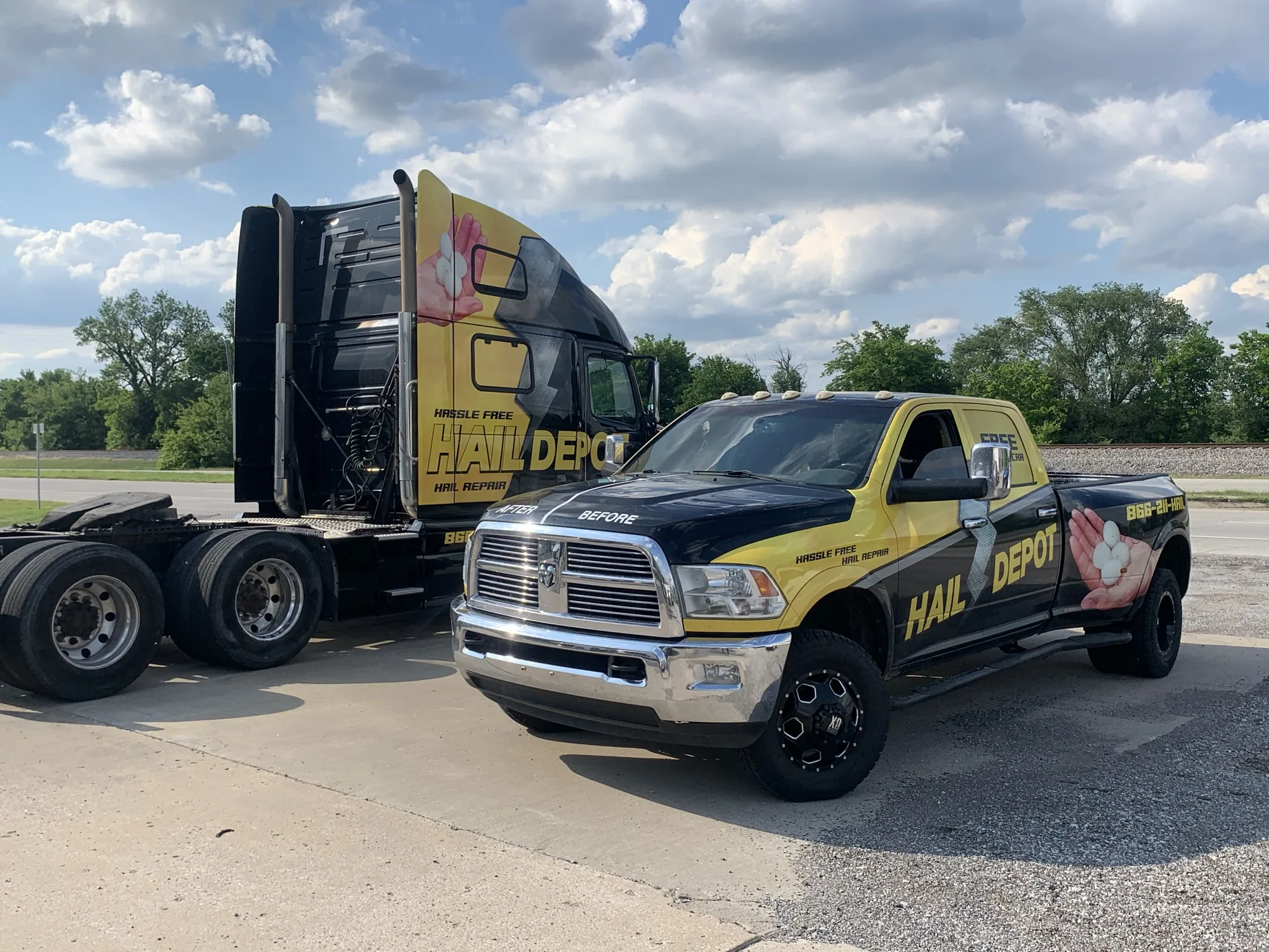 Hail Depot branded semi truck and Dodge Ram fleet in Tulsa Oklahoma