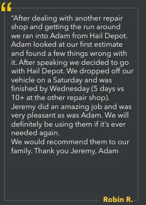 Real Google review of Hail Depot mentioning Jeremy and Adam by name
