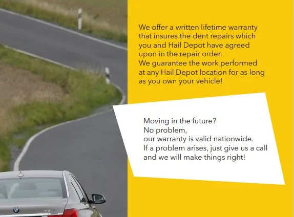 Hail Depot lifetime warranty card for PDR repairs